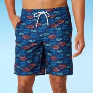 NWT St. John's Bay Cargo Mens Drawstring Waist Navy Swim Trunks Fish SZ XXL